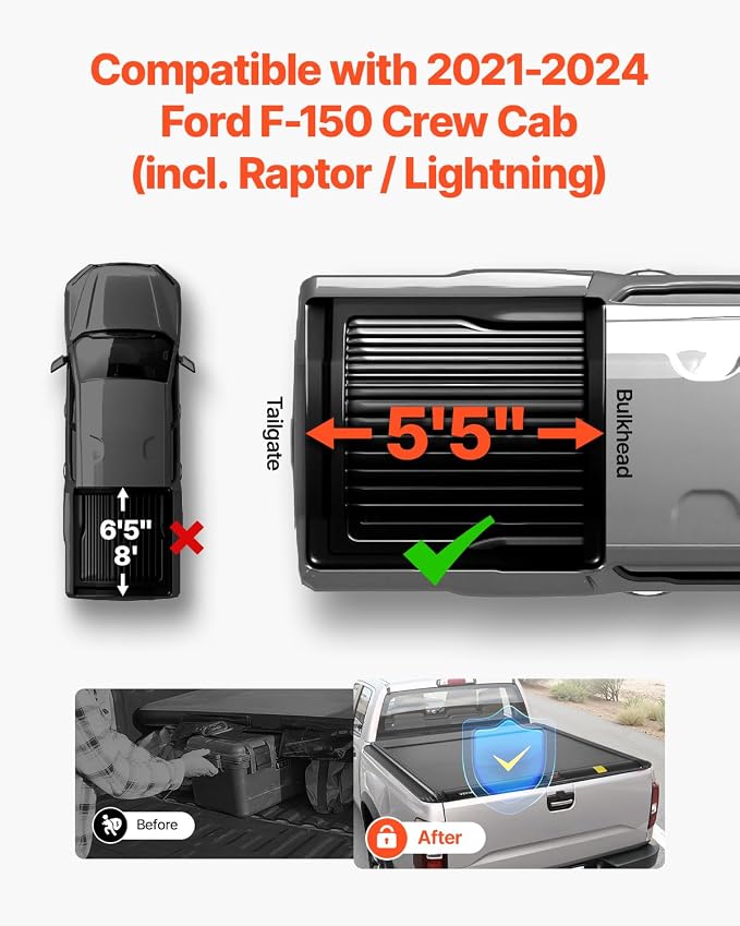 VEVOR Retractable Tonneau Cover, 5.5 ft Hard Retractable Tonneau Cover with Built-in Drainage Pipe for 2021-2024 Ford F-150 Crew Cab, Customized Design with Double-Lock & T-Slot