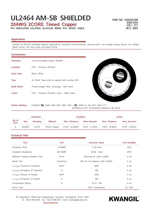 KWANGIL 2C 20AWG AMSB Shielded Cable Wire