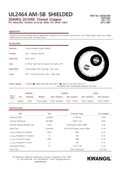 KWANGIL 2C 20AWG AMSB Shielded Cable Wire