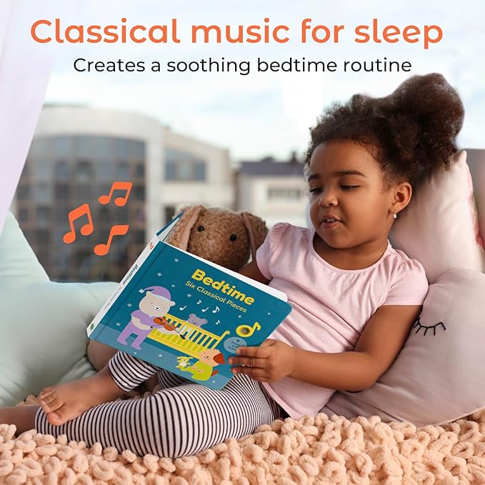 Cali's Books Bedtime Musical Book for Babies and Toddlers 1-3, USB-C Rechargeable, Headphone Jack, 6 Classical and Relaxing Pieces, Sound Book for Sleep & Relaxation