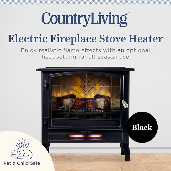 Country Living Infrared Freestanding Electric Fireplace Stove Heater in Black |