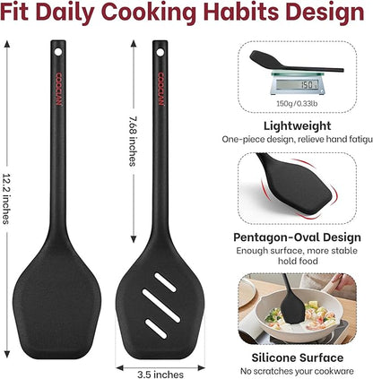 Silicone Spatula Set (BPA-Free), 600°F Heat Resistant Spatulas for Non-Stick Pans, 2 Pack Solid & Slotted Silicone Turner, One-Piece Cooking Spatula Turners for Kitchen Use, Black