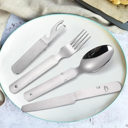 Portable Flatware Silvery Silverware Camping Stainless Steel Cutlery Set Outdoor Travel Knife Fork Spoon Bottle Opener 4 Pieces Foldable Durable Easy to Clean