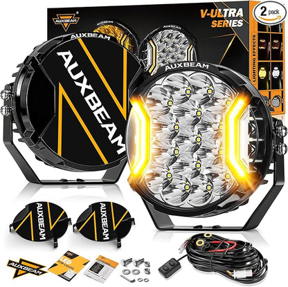 Auxbeam V-Ultra Series 7 Inch LED Pod Lights, 226W 26800LM Side Shooter Offroad Round Pods with Amber DRL& Black Cover, 270° Ultra-Wide Spotlights Universal Dual Color Light for Jeep ATV UTV, Pair