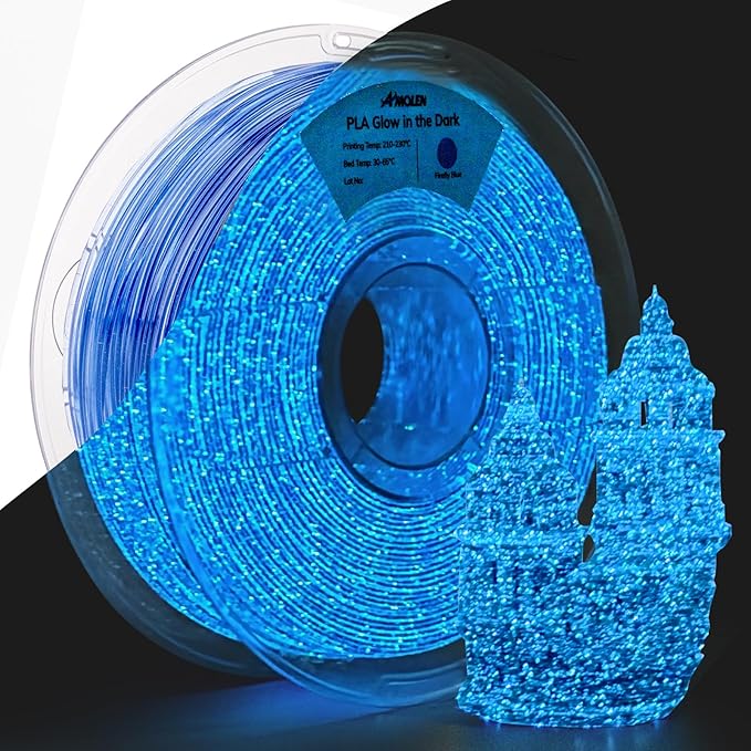 AMOLEN 3D PLA Printer Filament, 1.75mm Glow in The Dark Shiny Firefly Blue PLA Filament for 3D Printing, Best with UV Lamps, 1kg Spool (2.2lbs), Dimensional Accuracy +/- 0.02 mm, Fit Most 3D Printers