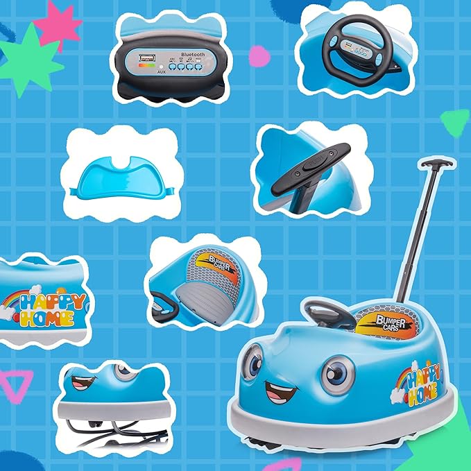 12V Dual Battery Electric Ride on Kids Bumper Car w/Remote Control,360 Degree Spin,Push Rod Rocker Horse Function,3-Speeds Babies & Toddlers Bumping Car Ride on Toy Gift for 1-4 Years Children (Blue)