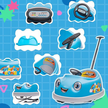 12V Dual Battery Electric Ride on Kids Bumper Car w/Remote Control,360 Degree Spin,Push Rod Rocker Horse Function,3-Speeds Babies & Toddlers Bumping Car Ride on Toy Gift for 1-4 Years Children (Blue)