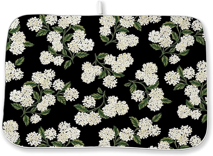 Black Dish Drying Mat 18x24 Inch Green Vintage Floral Hydrangea Flower Drying