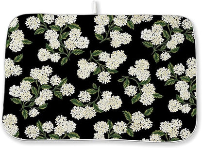 Black Dish Drying Mat 18x24 Inch Green Vintage Floral Hydrangea Flower Drying