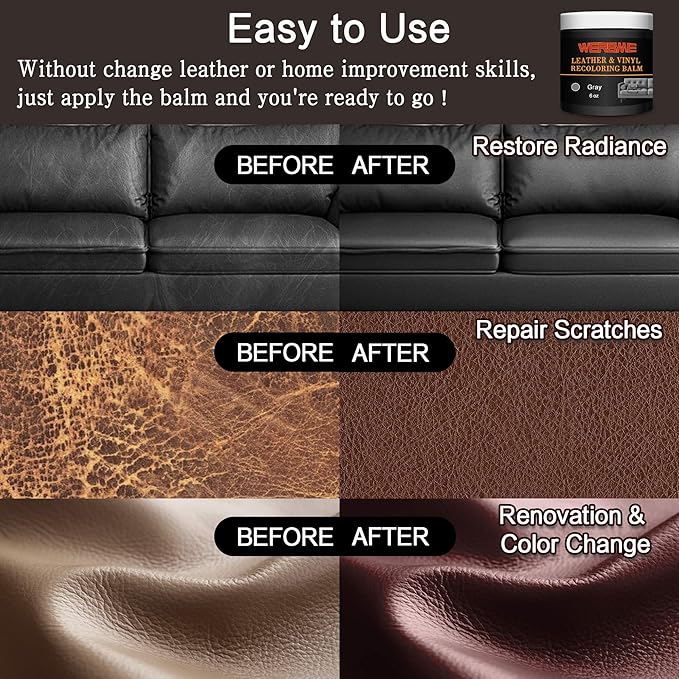 Leather Recoloring Balm - Leather & Vinyl Repair Balm for Furniture, Couches,Car Seats, Auto Interior & Accessories, Restores Faded, Worn, Scratched and Cracked Leather Surfaces (Gray)