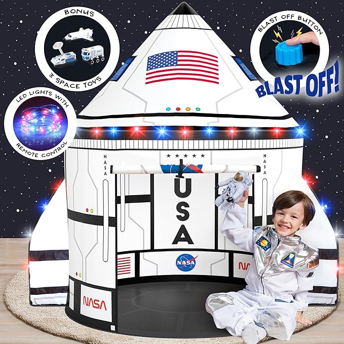 W&O Space Shuttle Explorer Tent with Blast-Off Button, LED Lights & 3 Space Toys – Rocket Ship Play Tent for Kids Ages 3-5