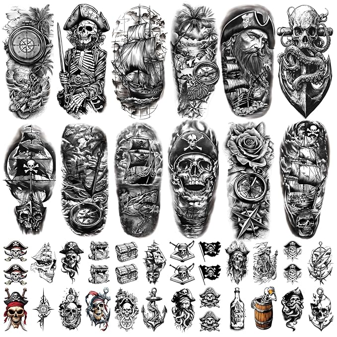 77 Sheets Pirate Skull Temporary Tattoo for Women Men, 17 Sheets Half Arm Large Flower Skeleton Octopus Fake Tattoos, 60 Sheets Anchor Clock Black Tiny for Adult Kids Body Tattoos Stickers Realistic
