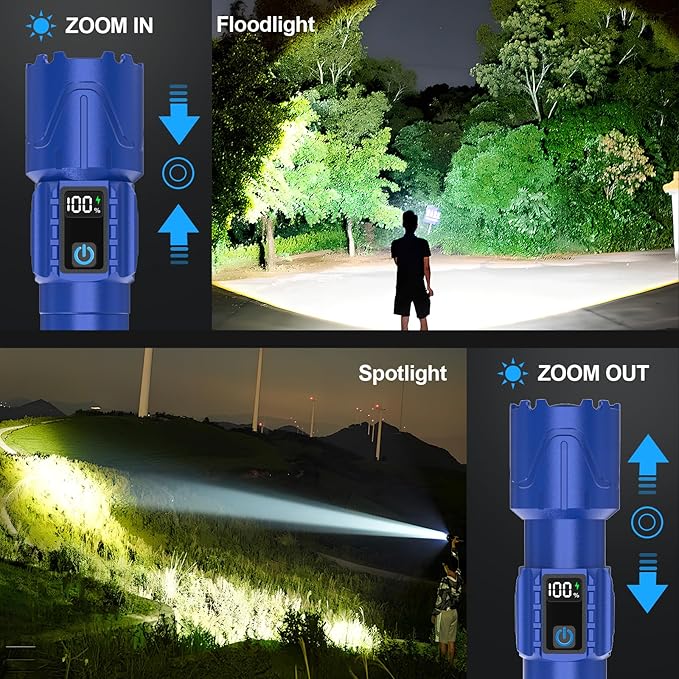 Rechargeable Flashlights High Lumens - Super Bright LED Tactical Flash Light, Powerful Waterproof Handheld USB C Flashlight for Camping,Emergencies,Home,5 Modes,Zoomable (2, Blue)