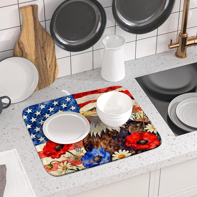 4th of July American Flag Eagle Dish Drying Mat