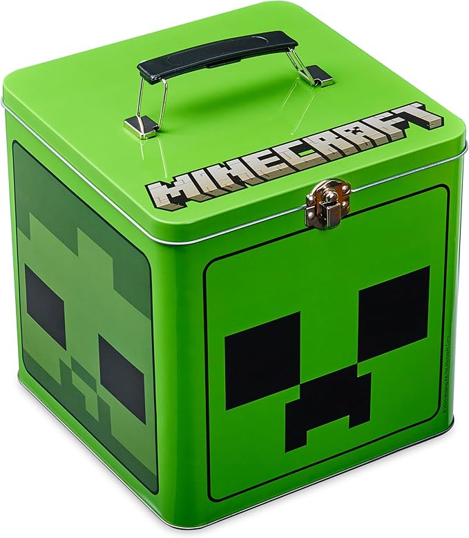 Minecraft Cookie Tin for Kids and Teenagers, Metal Clasp 7 x 7 Decorative Storage Cookie Jar - Gifts for Gamers