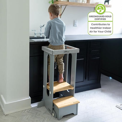 Little Partners Foldable Toddler Tower, Learning Tower Explore 'N Store Montessori Standing Kitchen Tower with Folding Step Stool Platform for Cooking and Learning, Ages 2+ (Silver Drop W/Natural)