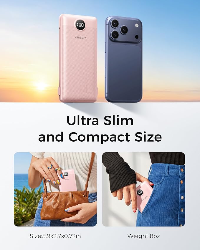 VEGER Portable Charger with Built-in AC Plug and Cables, All in One 10000mAh Ultra Slim Power Bank Travel Essentials, Fast Charging Battery Pack Compatible with iPhone, Samsung, Android, Crepe