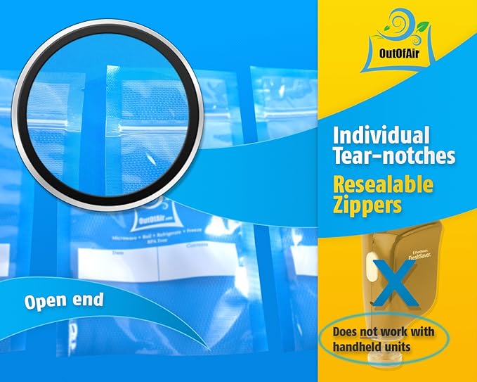 50 Zipper Vacuum Sealer Bags: Quart Size (8" x 12") - OutOfAir Vacuum Seal Zip Bags, Works with FoodSaver & Other Savers, 33% Thicker BPA Free Commercial Grade Great for Snacks On The Go