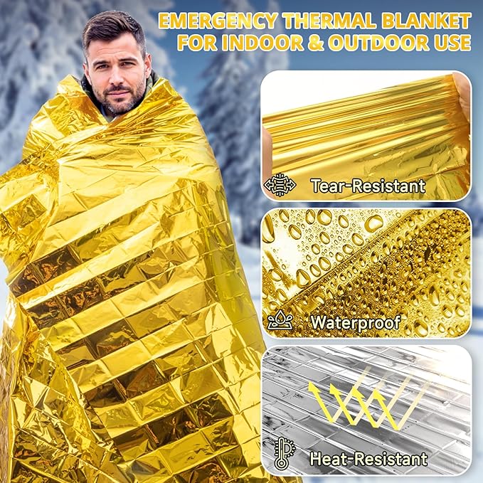 SecuCaptain Survival Emergency Thermal Blankets: Extra Large 84??x63??Space Mylar Blanket Kit for Outdoor Cold Winter Camping Hiking Car Bug Out Bag or First Aid - 4 Pack Gold