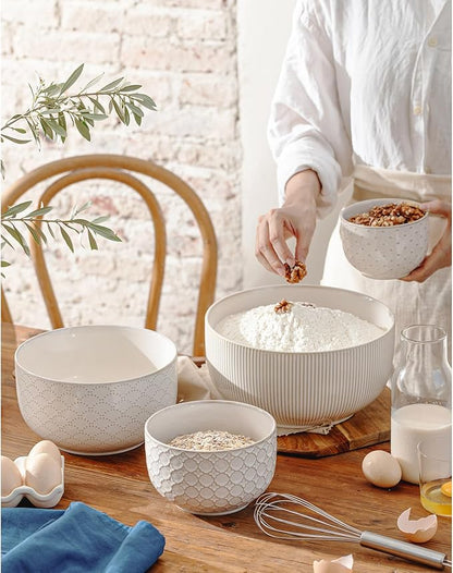 Mikiegy Ceramic Mixing Bowls Set of 4, Nesting Ceramic Embossment Stoneware