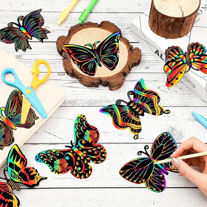 Deekin 72 Pcs Butterfly Scratch Cards Rainbow Paper Scratch Butterfly Craft Art Kits Party Favors with 36 Pcs Bamboo Stylus for Classroom Games DIY Crafts Home Ornaments, 12 Styles