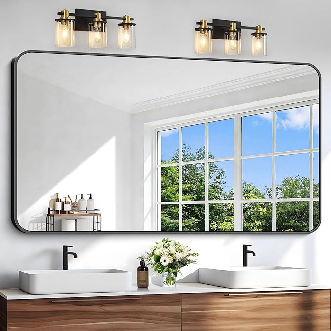 Black Bathroom Mirror, 66x36 inch Aluminum Metal Frame Rectangular Vanity Mirror