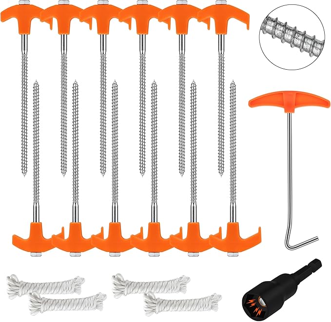 HORUSDY Tent Stakes Heavy Duty, 18-Pack 8.07 Inch Tent Stakes with with 4x13ft Rope & 1 Stopper T Pull Hook