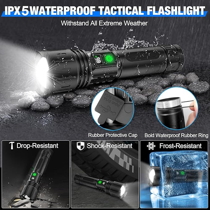 LED Flashlights High Lumens Rechargeable, Super Bright Powerful Flashlight, Type-C, 5 Modes, Zoomable, IPX5 Waterproof High Powered Tactical Flash Light for Emergency Camping Hiking