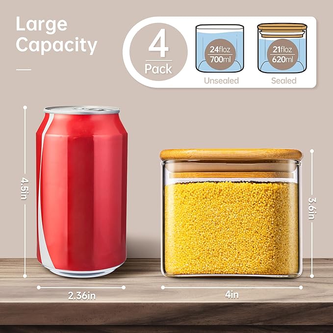 21oz - 4 Pack Square Glass Jars with Bamboo Lids, Glass Food Storage Containers with Airtight Lids, Air Tight Pantry Storage Containers for Coffee, Sugar, Spice, Meal Prep Jars for Salad & Fruit