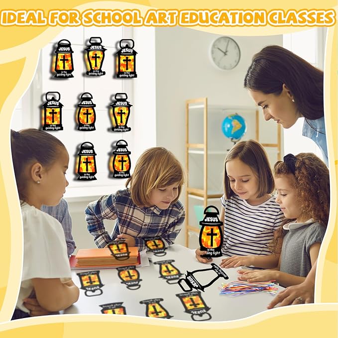 32 Sets Jesus is the Guiding Light Suncatchers Craft Kit DIY Window Stained Glass Effect Religious VBS Paper Craft Home School Classroom Decoration Kid Birthday Gift Creative Art Project Activity Game