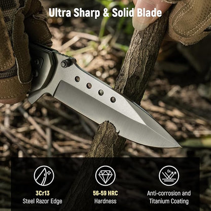 Pocket Knife for Men - Wood Handle Folding Pocket Knives with Clip, Glass Breaker - 3.46" Sharp Blade EDC Knife for Dad Tactical Hunting Survival Camping Fishing Hiking - Grey