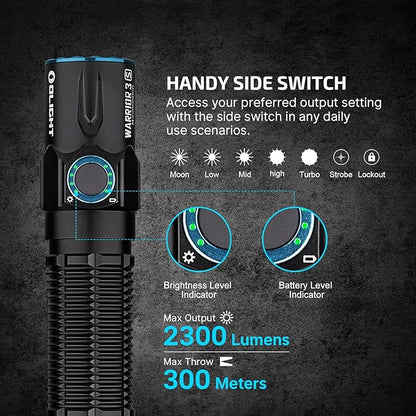 OLIGHT Warrior 3S 2300 Lumens Rechargeable Tactical Flashlight, Compact Dual-Switches LED Bright Light with Proximity Sensor, Powered by Customized Battery for Emergency, EDC and Searching (Black)