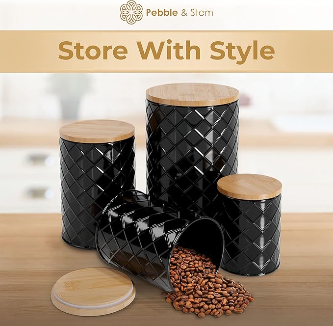 Pebble & Stem® Black Metal Canister Set for the Kitchen Counter, Food Canister Set of 4, Airtight Lids, Sugar and Flour Containers for Countertops, Coffee and Tea Storage, Farmhouse Decor