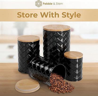 Pebble & Stem® Black Metal Canister Set for the Kitchen Counter, Food Canister Set of 4, Airtight Lids, Sugar and Flour Containers for Countertops, Coffee and Tea Storage, Farmhouse Decor