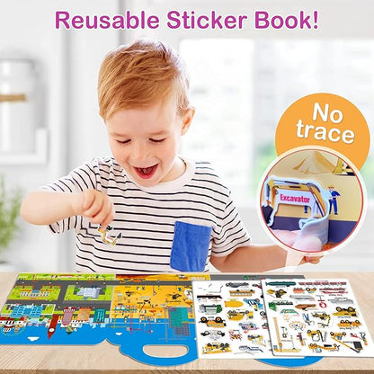 Reusable Sticker Book for Kids, 45pcs Vehicles Cars 3D Jelly Stickers Toddlers Activity Book for Boys Girls Road Trip Toddler Airplane Train Travel Essentials Toy