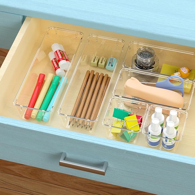WOWBOX 12 Pack Clear Drawer Organizer Set, Acrylic Drawer Storage Trays