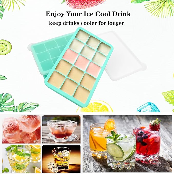 2 Pack Silicone Ice Cube Trays, Easy Release Flexible-15 Cubes Ice Cube Molds