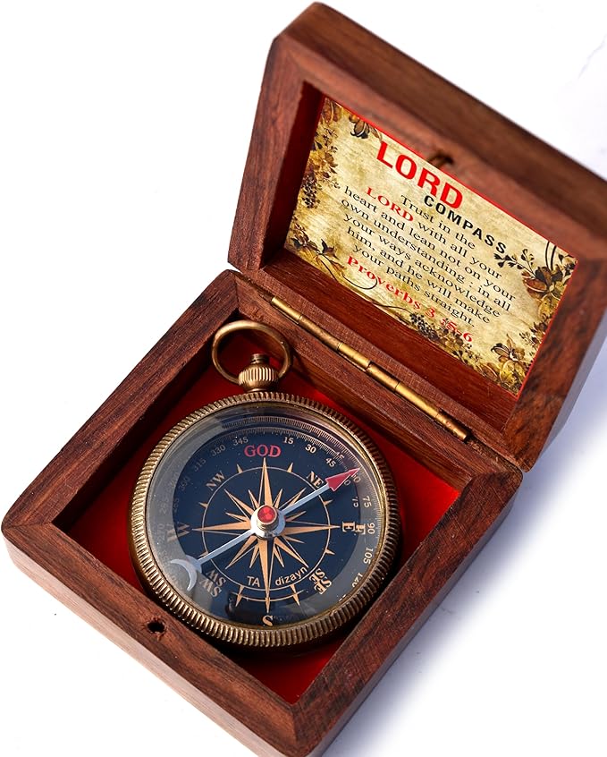 Trust in The Lord With All Your Heart - Proverbs 3:5-6 Quote Engraved Compass With Wooden Box, Greeting Card, Gift Compass, Graduation Day Gifts 2024 for Women Men Boys Girls