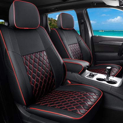 Huidasource Upgrade Grand Cherokee Seat Covers, Full Coverage Waterproof Leather Car Seat Covers, Custom Seat Cushion Protector Fit for Jeep Grand Cherokee 2011-2021 (Full Set/Black&Red)