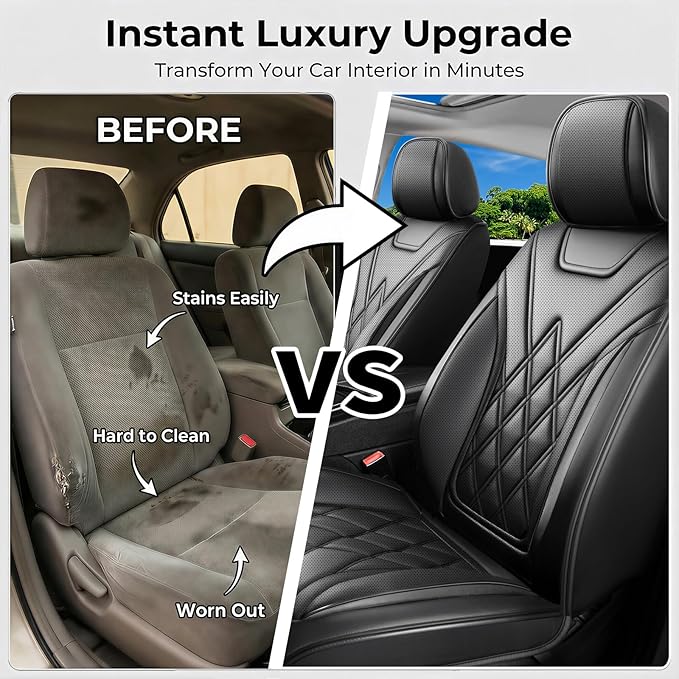 Fit Sonata Car Seat Covers for Hyundai Sonata 2009-2026 - Luxury Leather, Anti-Slip, All-Weather, Waterproof & Breathable, Airbag Compatible, 2 Front Seats Only (Black)