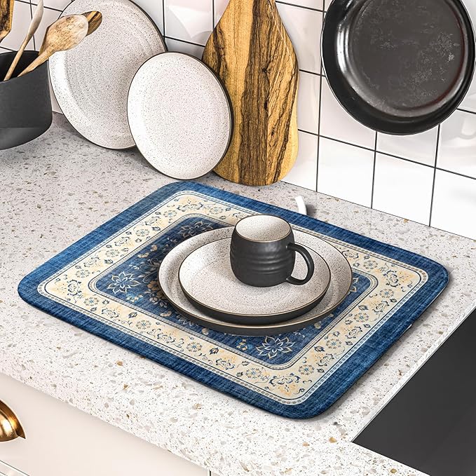 Blue Boho Dish Drying Mat for Kitchen Counter 16x18 Inch Fast Dry Drying Pad