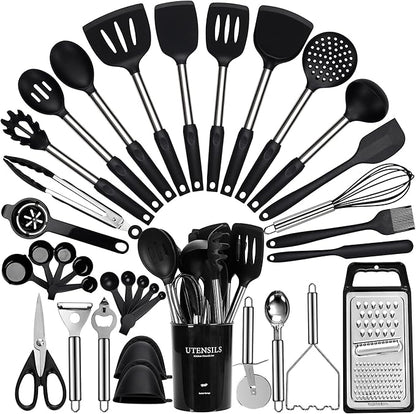 Large Cooking Utensils Set, Stainless Steel Handle Spatula Set, Heat Resistant