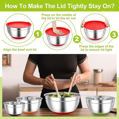 TeamFar Mixing Bowls, Stainless Steel Mixing Bowls with Lids, Nesting Salad Bowls with Air-tight Lids & Non-slip Bottom, Dishwasher Safe & Stackable, Set of 6-4.6/2.6/2 / 1.5/1 / 0.7 Qt