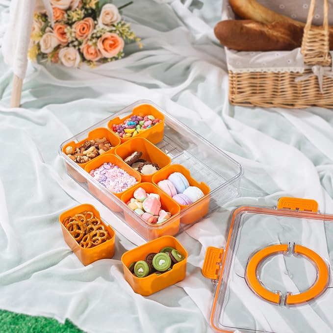 WACOI Divided Snack Serving Tray with Lid and Handle Travel Snackle Charcuterie Container Portable Storage Organizer for Candy, Fruits, Nuts, Snacks, Party, Picnic (1pack, Orange)