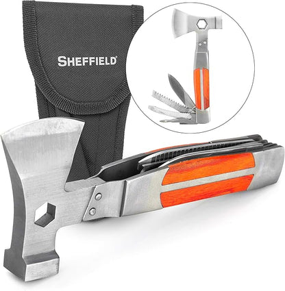 Sheffield 12301 Axe Multi Tool, 12-in-1 Camping Knives & Tools, Utility Tool Double Axe Head, Camping Tool, Stainless Steel Knife Multitool