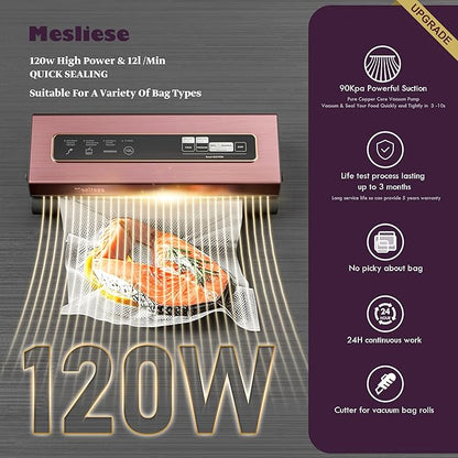 Mesliese Vacuum Sealer Machine Powerful 90Kpa Precision 6-in-1 Compact Vacuum Food Preservation System Built-in Cutter, 2 Bag Rolls & 5 Pre-cut Bags, Dry&Moist Modes Smart Suction, ETL Listed (Pink)