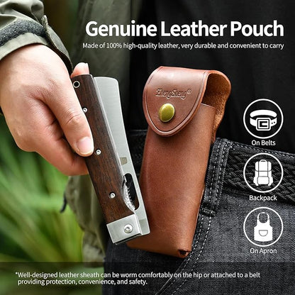 Folding Chef Knife with Leather Pouch 4.8" Sharp 440A Stainless Steel Blade Wooden Handle Pocket Foldable Japanese Style Kitchen Knife for Outdoor Camping Cooking.