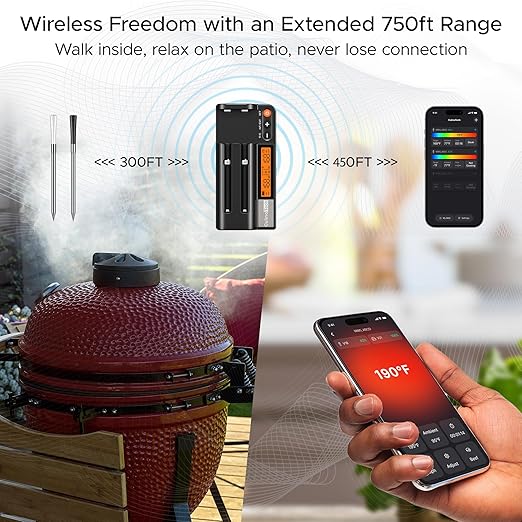 CulinaMeter Two: 2 Probes Wireless Meat Thermometer with LCD Screen, 750FT Digital Cooking Food Thermometer for Beef Lamb Turkey, Dual Sensor Measures Internal & Ambient Temp