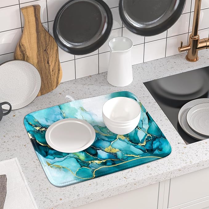 Giwawa Teal Marble Dish Drying Mat Turquoise Blue Marbling Print Dish Drainer