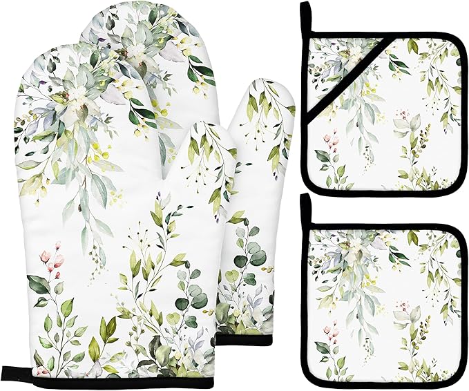 Eucalyptus Leaves Oven Mitts and Pot Holders Sets Sage Green Botanical Floral